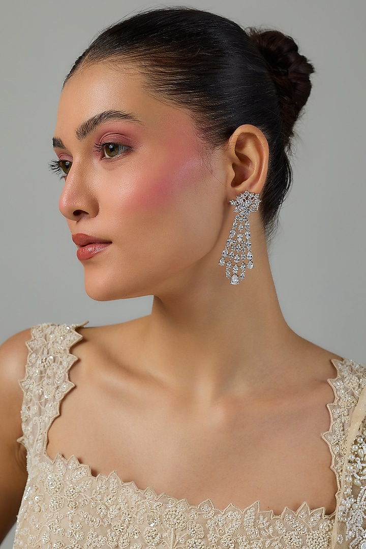 White Gold Finish Zircon Dangler Earrings by Moh-Maya by Disha Khatri at Pernia's Pop Up Shop
