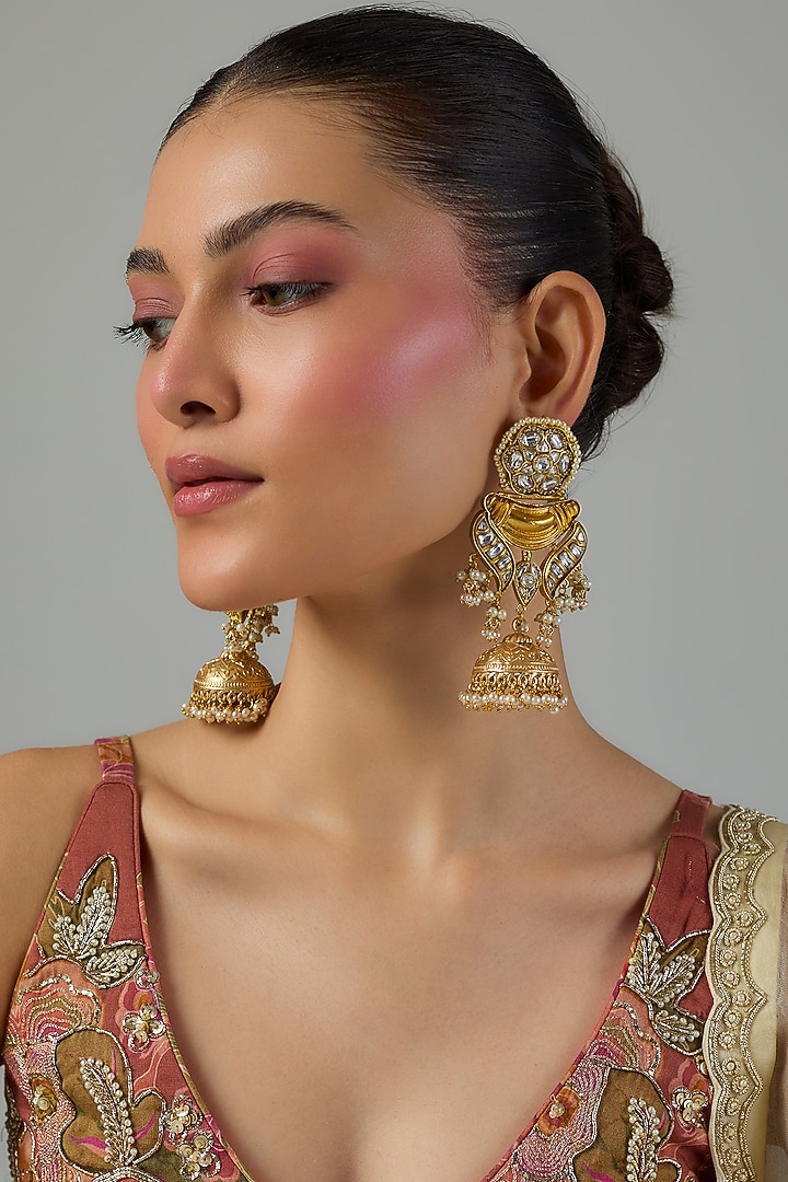 Gold Finish Kundan Polki & Pearl Dangler Earrings by Moh-Maya by Disha Khatri at Pernia's Pop Up Shop