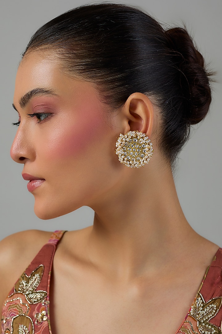 Gold Finish Kundan Polki & Pearl Stud Earrings by Moh-Maya by Disha Khatri at Pernia's Pop Up Shop