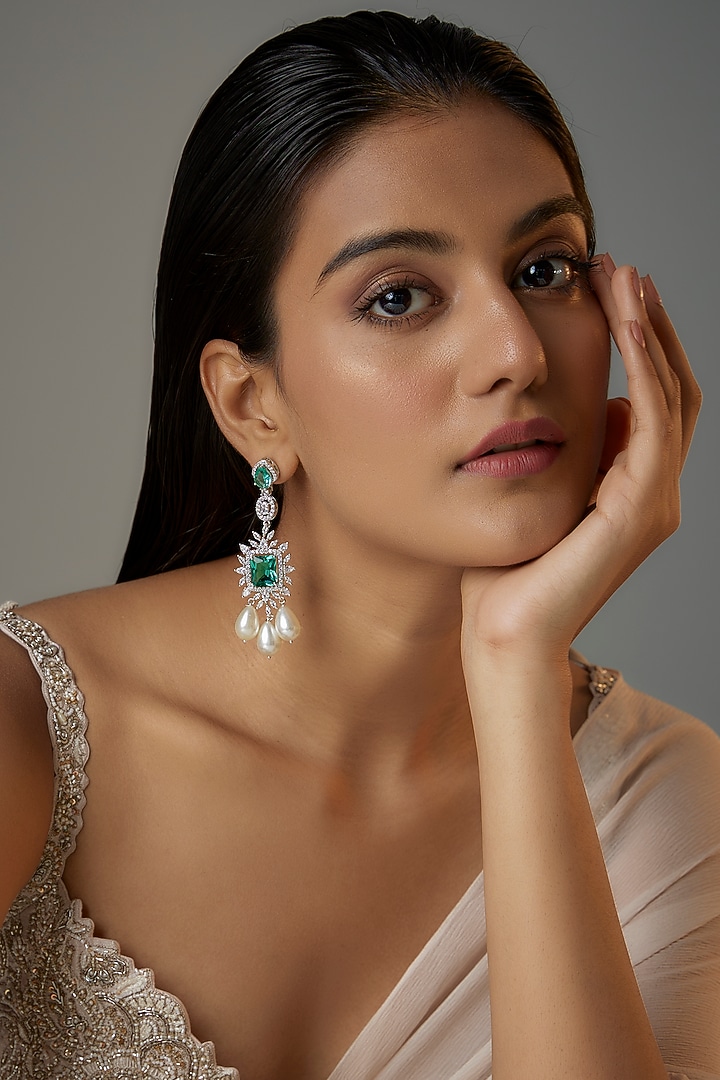 White Finish Aqua Stone & Zircon Dangler Earrings by Moh-Maya by Disha Khatri at Pernia's Pop Up Shop