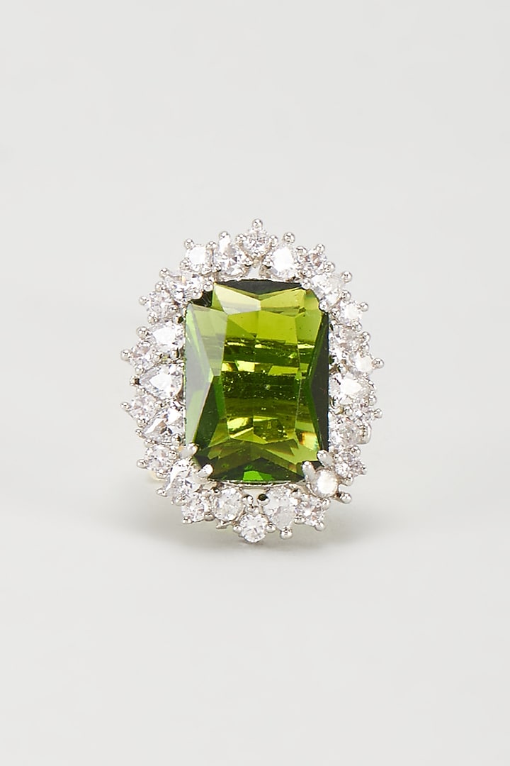 White Finish Green Stone & Zircon Oval Ring by Moh-Maya by Disha Khatri at Pernia's Pop Up Shop