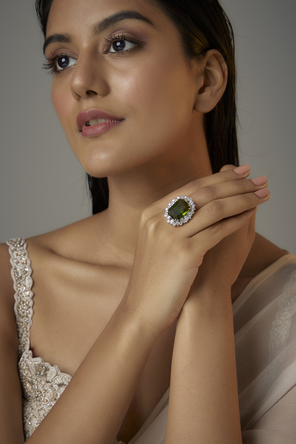 White Finish Green Stone & Zircon Oval Ring by Moh-Maya by Disha Khatri at Pernia's Pop Up Shop