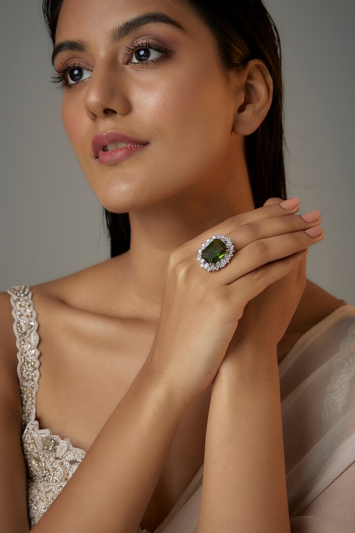 White Finish Green Stone & Zircon Oval Ring by Moh-Maya by Disha Khatri at Pernia's Pop Up Shop