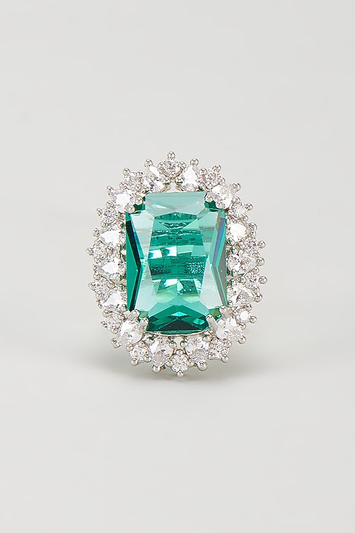 White Finish Teal Stone & Zircon Oval Ring by Moh-Maya by Disha Khatri at Pernia's Pop Up Shop