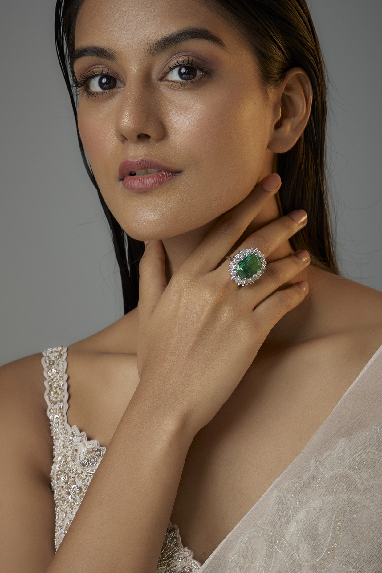 White Finish Teal Stone & Zircon Oval Ring by Moh-Maya by Disha Khatri at Pernia's Pop Up Shop