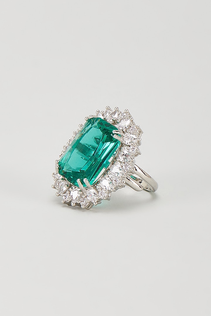 White Finish Teal Stone & Zircon Oval Ring by Moh-Maya by Disha Khatri at Pernia's Pop Up Shop