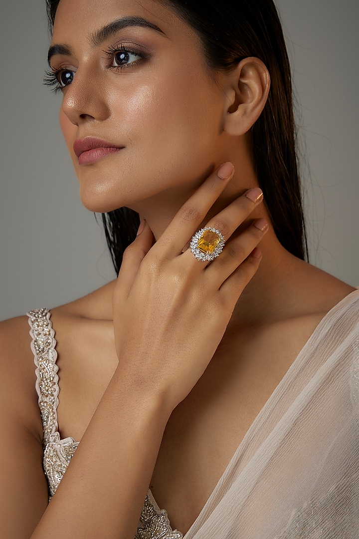 White Finish Yellow Stone & Zircon Oval Ring by Moh-Maya by Disha Khatri at Pernia's Pop Up Shop