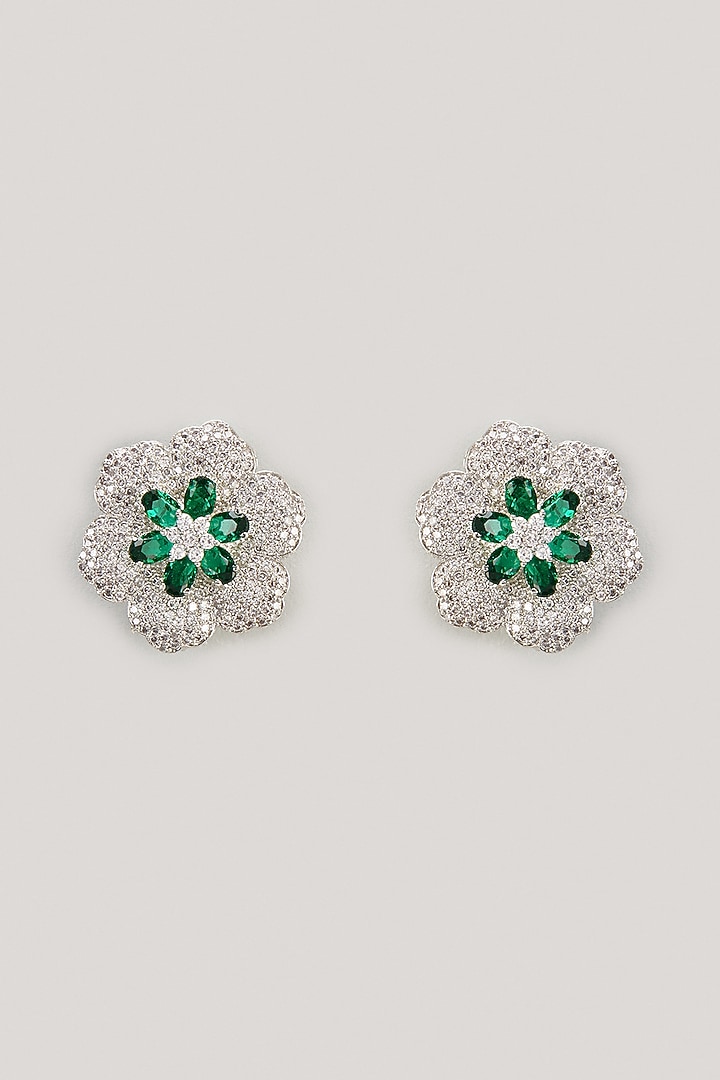White Finish Emerald Stone & Zircon Stud Earrings by Moh-Maya by Disha Khatri at Pernia's Pop Up Shop