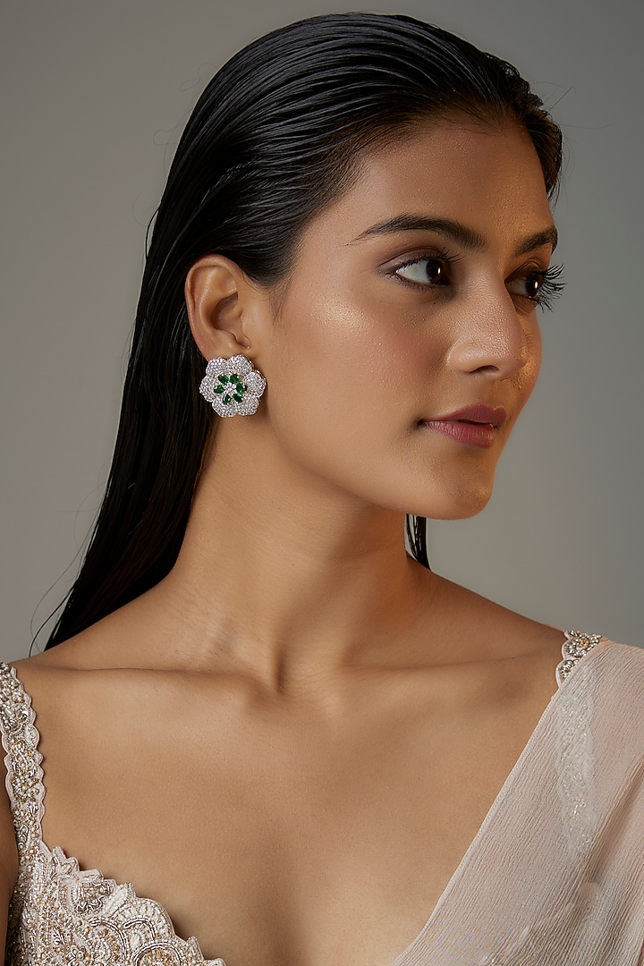 White Finish Emerald Stone & Zircon Stud Earrings by Moh-Maya by Disha Khatri at Pernia's Pop Up Shop