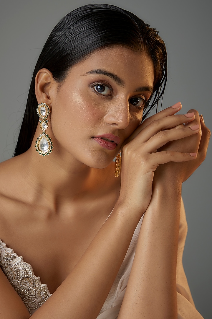 Gold Finish Green Kundan Polki Meenakari Dangler Earrings by Moh-Maya by Disha Khatri at Pernia's Pop Up Shop