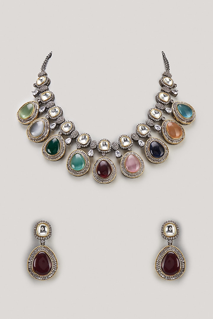 Two Tone Finish Multi-Colored Stone & Zircon Choker Necklace Set by Moh-Maya by Disha Khatri at Pernia's Pop Up Shop