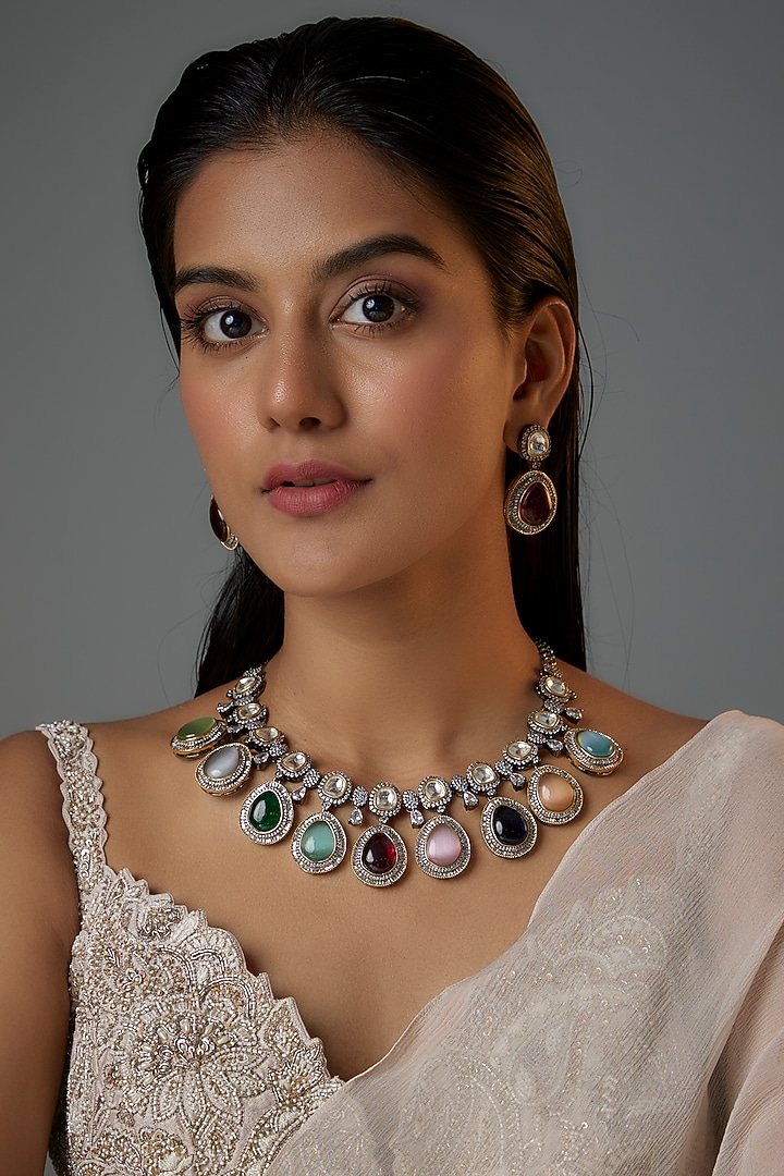 Two Tone Finish Multi-Colored Stone & Zircon Choker Necklace Set by Moh-Maya by Disha Khatri at Pernia's Pop Up Shop