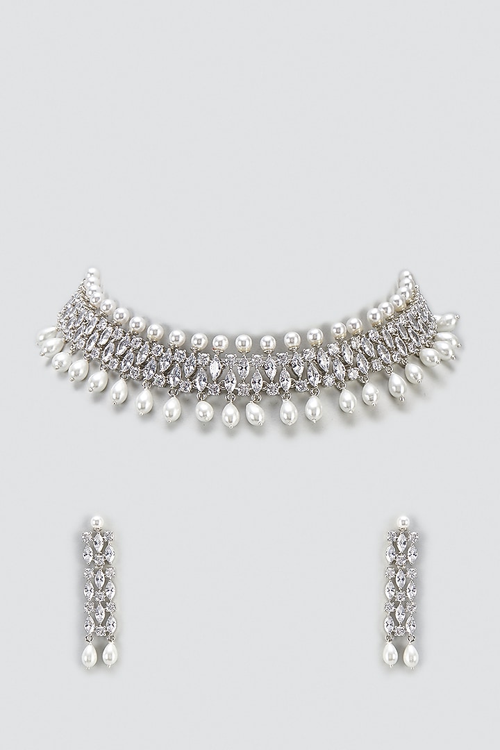 White Finish Pearl & Zircon Choker Necklace Set by Moh-Maya by Disha Khatri at Pernia's Pop Up Shop
