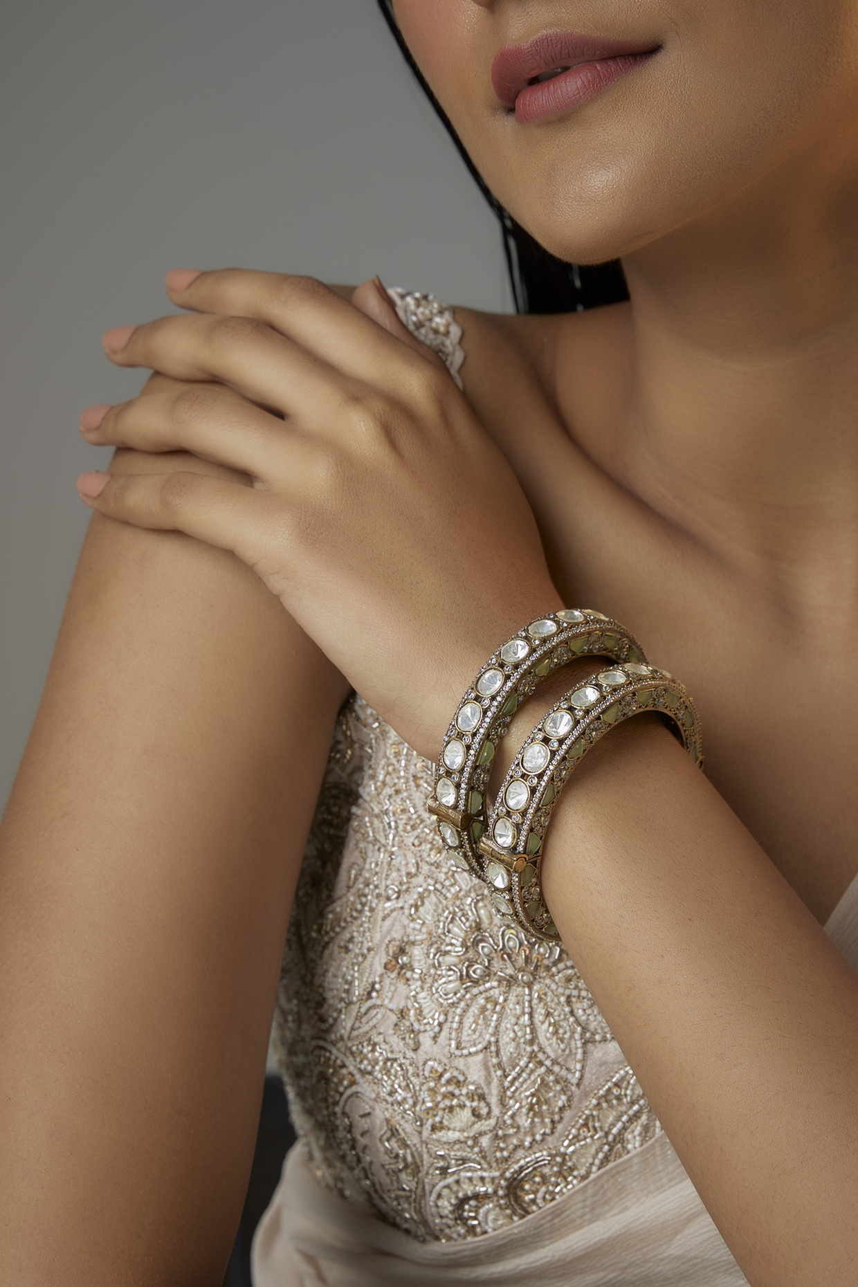 Gold Finish Green Stone & Kundan Polki Kadas (Set Of 2) by Moh-Maya by Disha Khatri at Pernia's Pop Up Shop