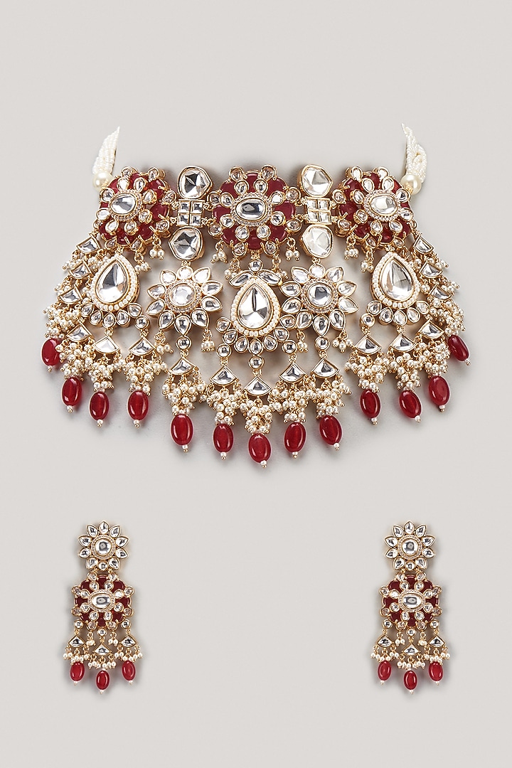Gold Finish Kundan Polki & Red Stone Choker Necklace Set by Moh-Maya by Disha Khatri at Pernia's Pop Up Shop