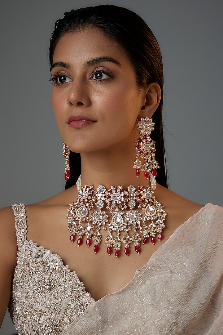 Gold Finish Kundan Polki & Red Stone Choker Necklace Set by Moh-Maya by Disha Khatri at Pernia's Pop Up Shop