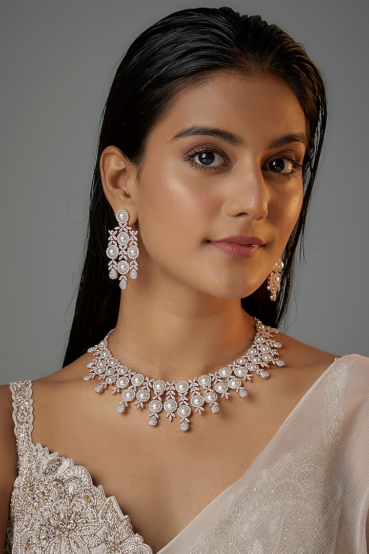 Gold Finish Pearl & Zircon Choker Necklace Set by Moh-Maya by Disha Khatri at Pernia's Pop Up Shop