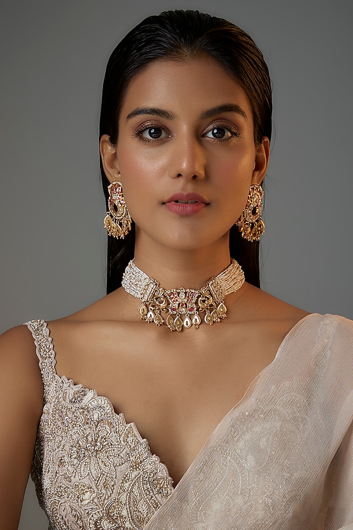 Gold Finish Kundan Polki & Ruby Stone Choker Necklace Set by Moh-Maya by Disha Khatri at Pernia's Pop Up Shop