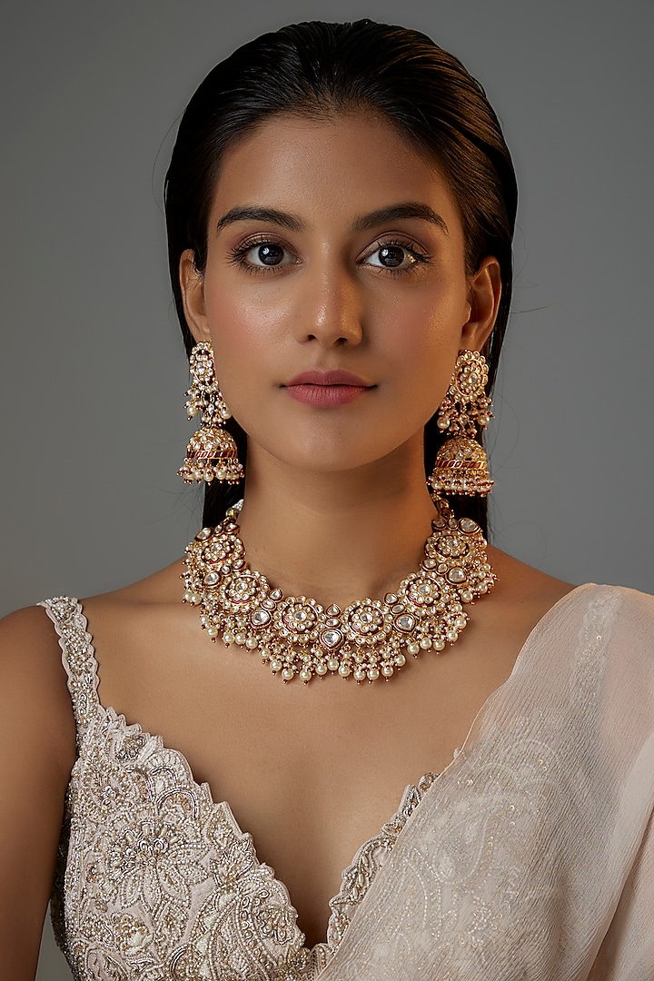 Gold Finish Kundan Polki Meenaakari Choker Necklace Set by Moh-Maya by Disha Khatri