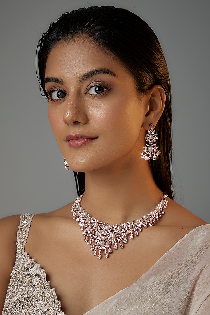 Rose Gold Finish Zircon Choker Necklace Set by Moh-Maya by Disha Khatri