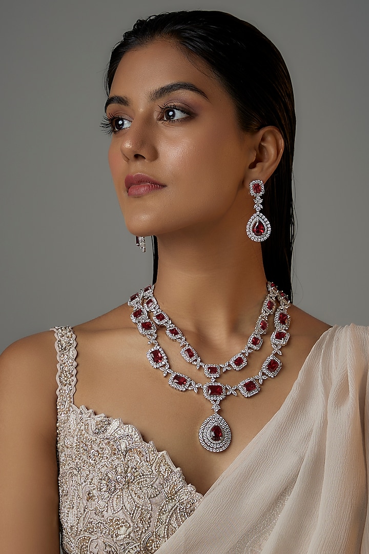 White Finish Red Zircon Layered Long Necklace Set by Moh-Maya by Disha Khatri at Pernia's Pop Up Shop