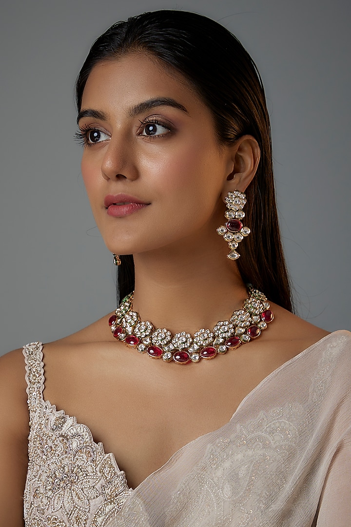 Gold Finish Kundan Polki & Ruby Stone Choker Necklace Set by Moh-Maya by Disha Khatri at Pernia's Pop Up Shop