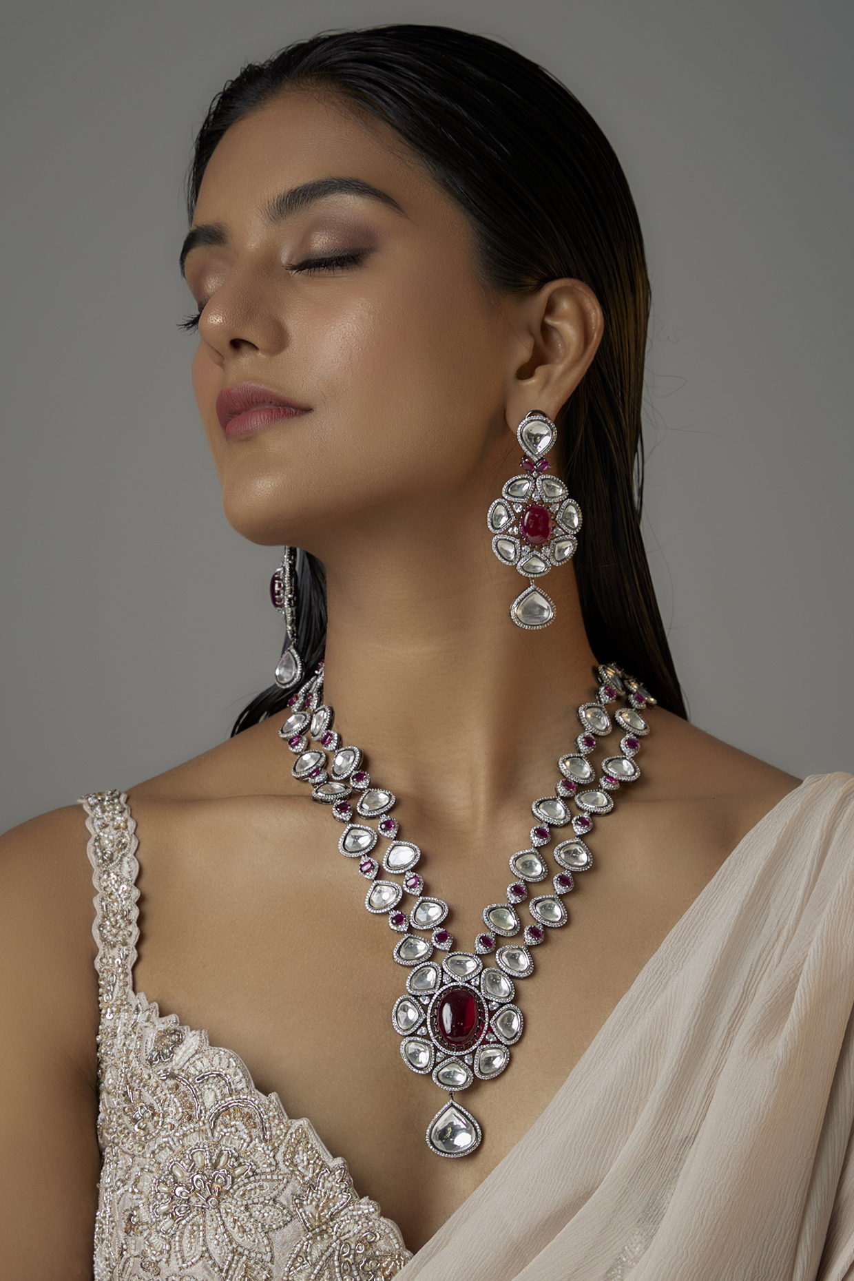 White Finish Ruby Stone & Zircon Long Necklace Set by Moh-Maya by Disha Khatri at Pernia's Pop Up Shop