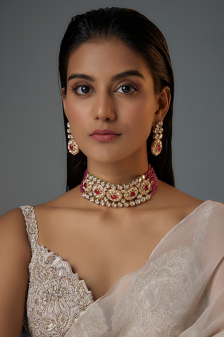 Gold Finish Kundan Polki & Ruby Stone Choker Necklace Set by Moh-Maya by Disha Khatri at Pernia's Pop Up Shop
