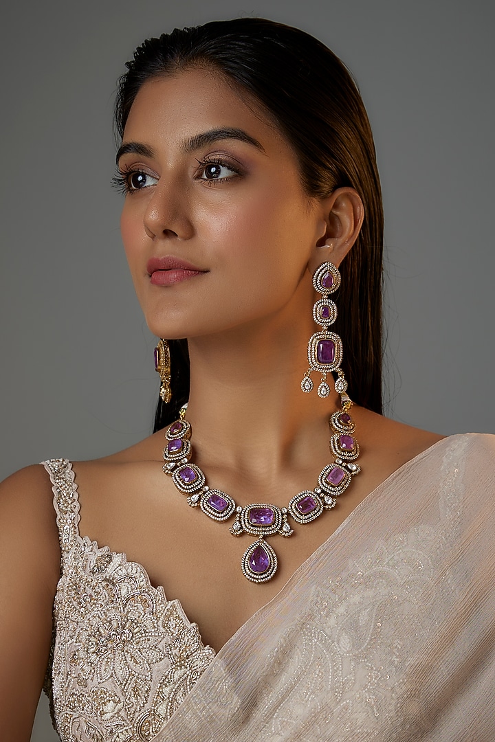 Gold Finish Light Purple Stone & Zircon Long Necklace Set by Moh-Maya by Disha Khatri at Pernia's Pop Up Shop