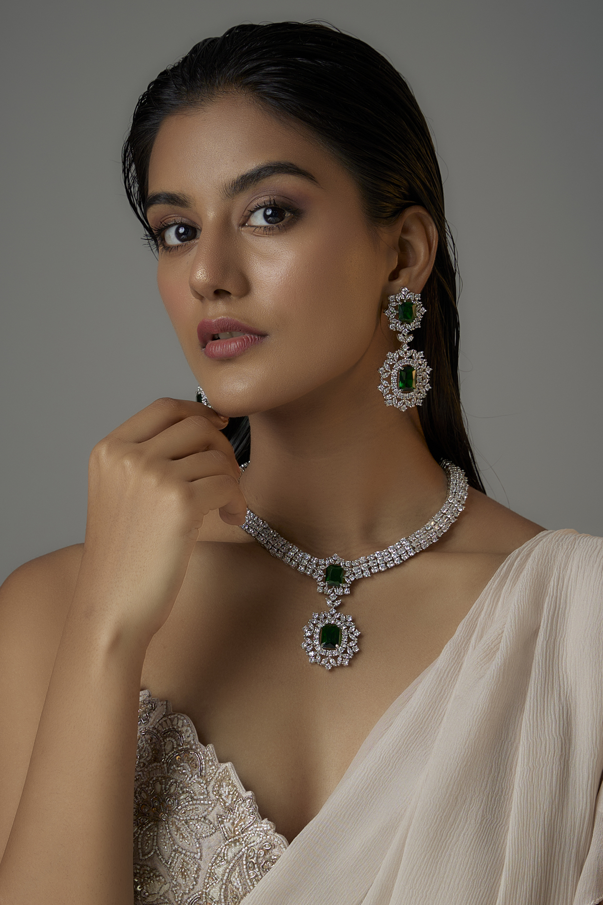White Finish Emerald Stone & Zircon Long Necklace Set by Moh-Maya by Disha Khatri at Pernia's Pop Up Shop