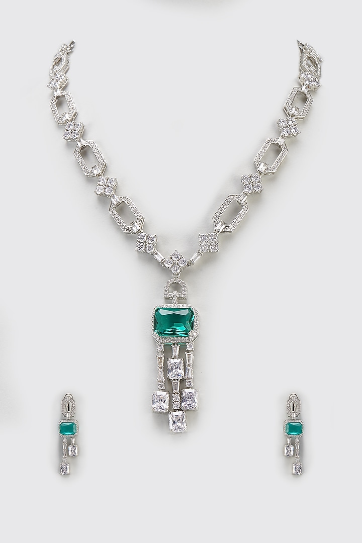 White Finish Aqua Stone & Zircon Long Necklace Set by Moh-Maya by Disha Khatri at Pernia's Pop Up Shop