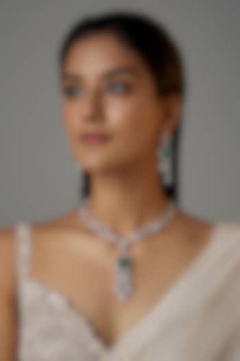 White Finish Aqua Stone & Zircon Long Necklace Set by Moh-Maya by Disha Khatri