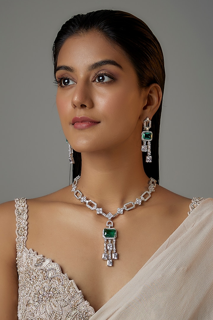 White Finish Aqua Stone & Zircon Long Necklace Set by Moh-Maya by Disha Khatri
