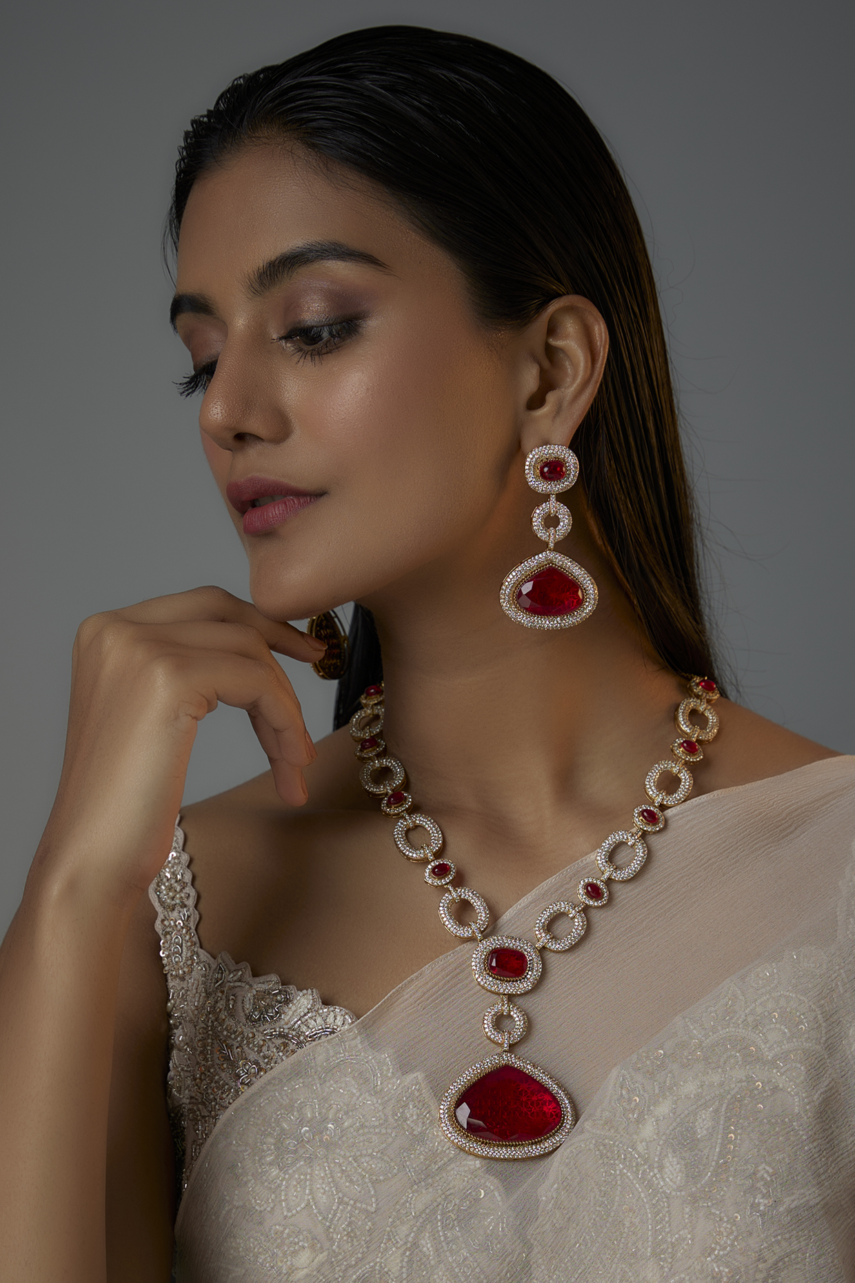 Gold Finish Ruby Stone & Zircon Long Necklace Set by Moh-Maya by Disha Khatri at Pernia's Pop Up Shop