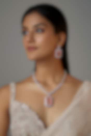 White Finish Light Pink Stone & Zircon Long Necklace Set by Moh-Maya by Disha Khatri