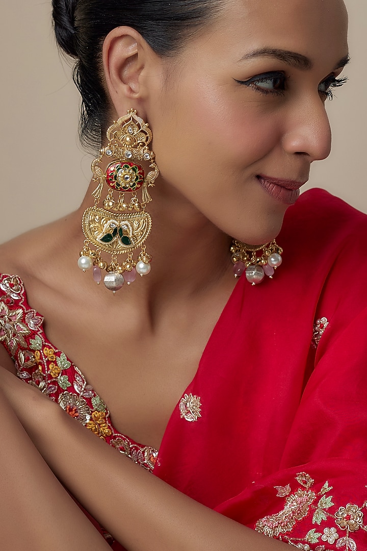 Gold Finish Moissanite & Emerald Stone Dangler Earrings by Moh-Maya by Disha Khatri at Pernia's Pop Up Shop