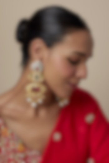 Gold Finish Moissanite & Ruby Stone Dangler Earrings by Moh-Maya by Disha Khatri at Pernia's Pop Up Shop
