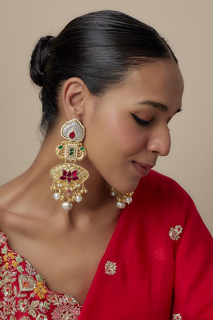 Gold Finish Moissanite & Ruby Stone Dangler Earrings by Moh-Maya by Disha Khatri at Pernia's Pop Up Shop