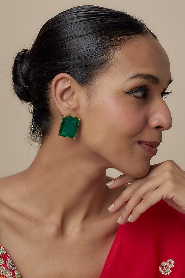 Gold Finish Emerald Stone Stud Earrings by Moh-Maya by Disha Khatri at Pernia's Pop Up Shop