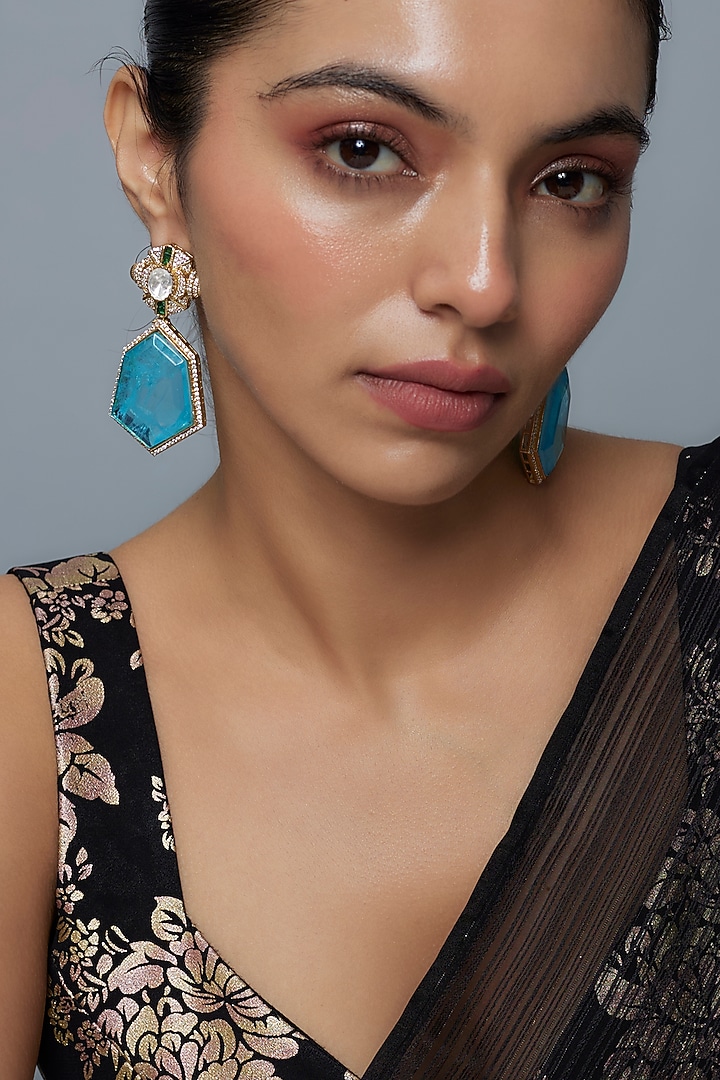 Gold Finish Moissanite & Aquamarine Stone Dangler Earrings by Moh-Maya by Disha Khatri at Pernia's Pop Up Shop