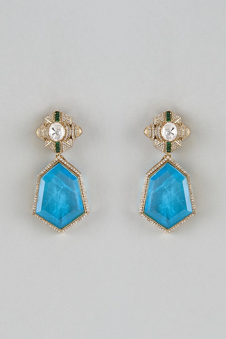 Gold Finish Moissanite & Aquamarine Stone Dangler Earrings by Moh-Maya by Disha Khatri at Pernia's Pop Up Shop