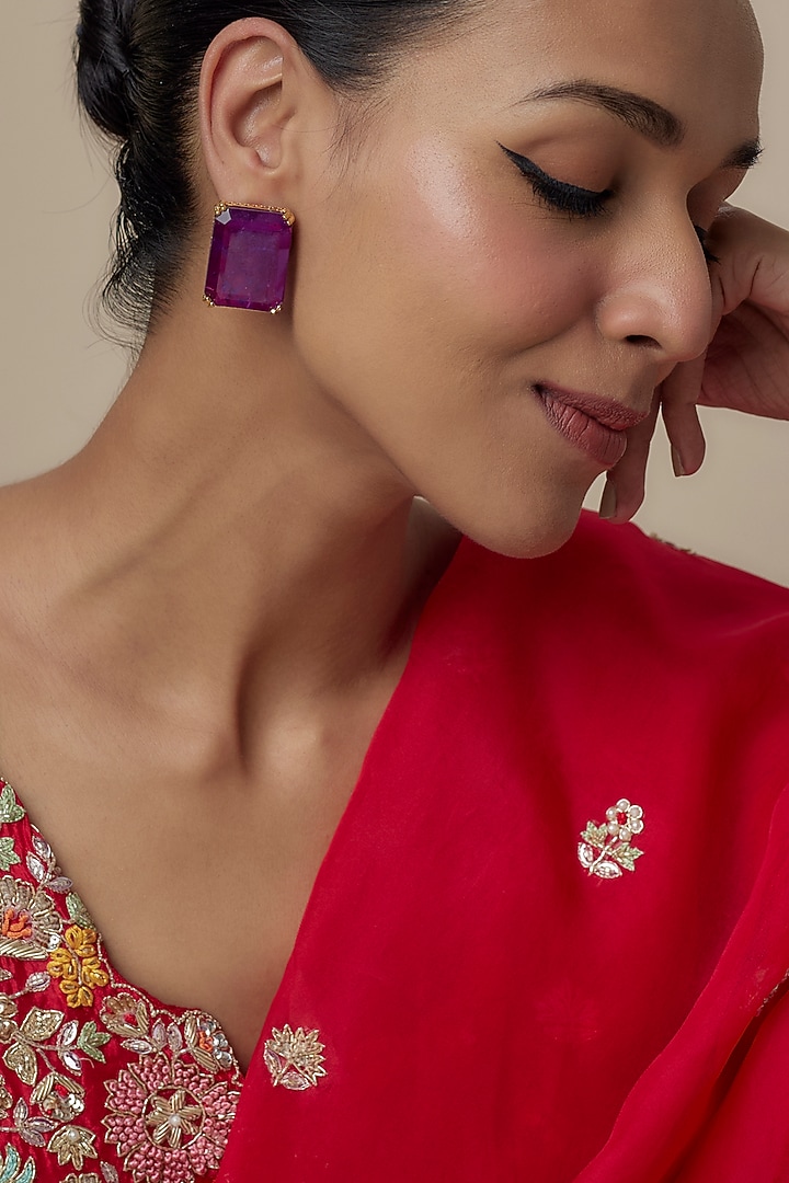 Gold Finish Amethyst Stone Stud Earrings by Moh-Maya by Disha Khatri at Pernia's Pop Up Shop