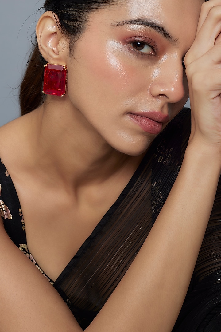 Gold Finish Ruby Stone Stud Earrings by Moh-Maya by Disha Khatri at Pernia's Pop Up Shop