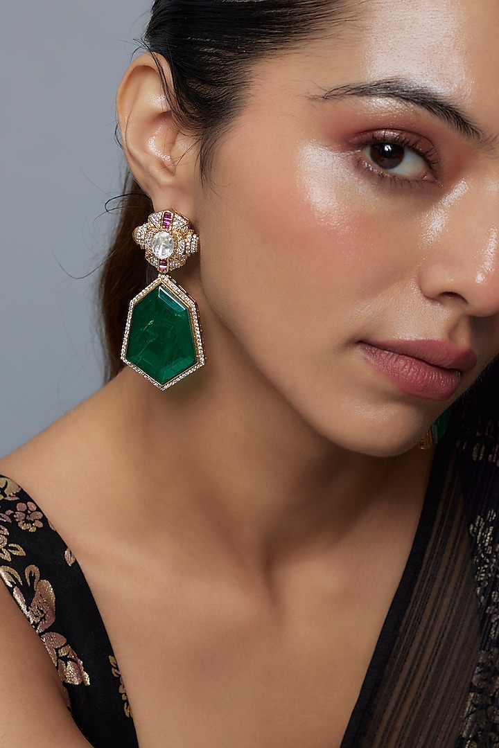 Gold Finish Emerald & Ruby Stone Dangler Earrings by Moh-Maya by Disha Khatri at Pernia's Pop Up Shop
