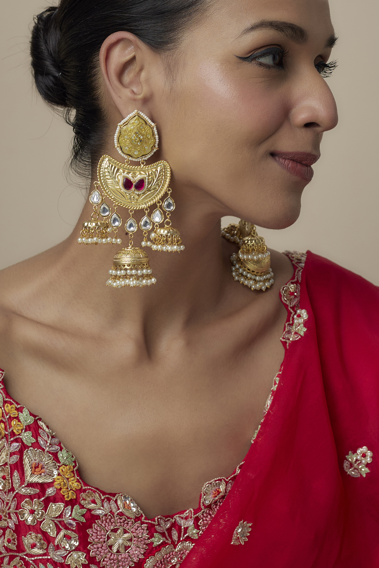 Gold Finish Moissanite & Ruby Stone Dangler Earrings by Moh-Maya by Disha Khatri at Pernia's Pop Up Shop