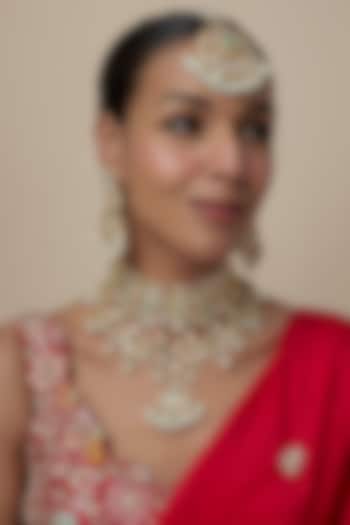 Gold Finish Moissanite & Pearl Beaded Choker Necklace Set by Moh-Maya by Disha Khatri at Pernia's Pop Up Shop