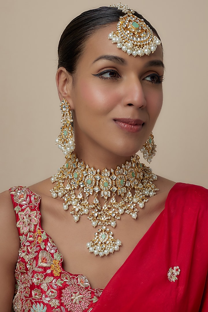 Gold Finish Moissanite & Pearl Beaded Choker Necklace Set by Moh-Maya by Disha Khatri at Pernia's Pop Up Shop