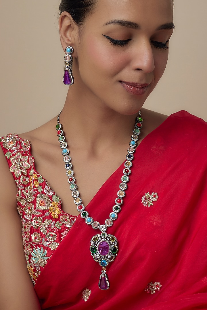 Gold Finish Zircon & Multi-Colored Stone Long Necklace Set by Moh-Maya by Disha Khatri at Pernia's Pop Up Shop