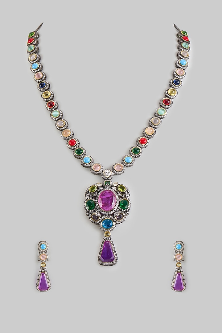 Gold Finish Zircon & Multi-Colored Stone Long Necklace Set by Moh-Maya by Disha Khatri at Pernia's Pop Up Shop