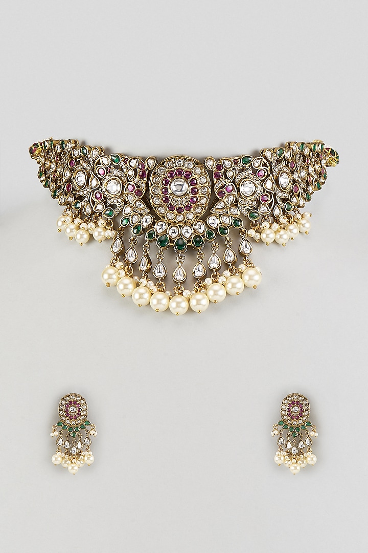 Gold Finish Moissanite & Pearl Beaded Choker Necklace Set by Moh-Maya by Disha Khatri at Pernia's Pop Up Shop